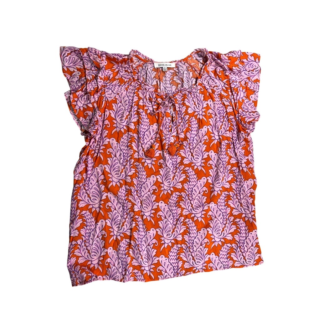 Rose‎ + Olive L 100% Rayon Floral Flutter Sleeve Tassel Blouse Boho